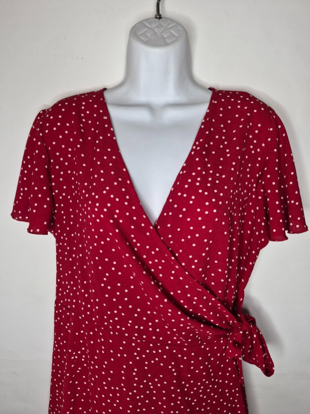 Relipop Womens XL Red White Polka Dot Ruffle Flutter Short Sleeve Wrap Dress - Picture 5 of 15